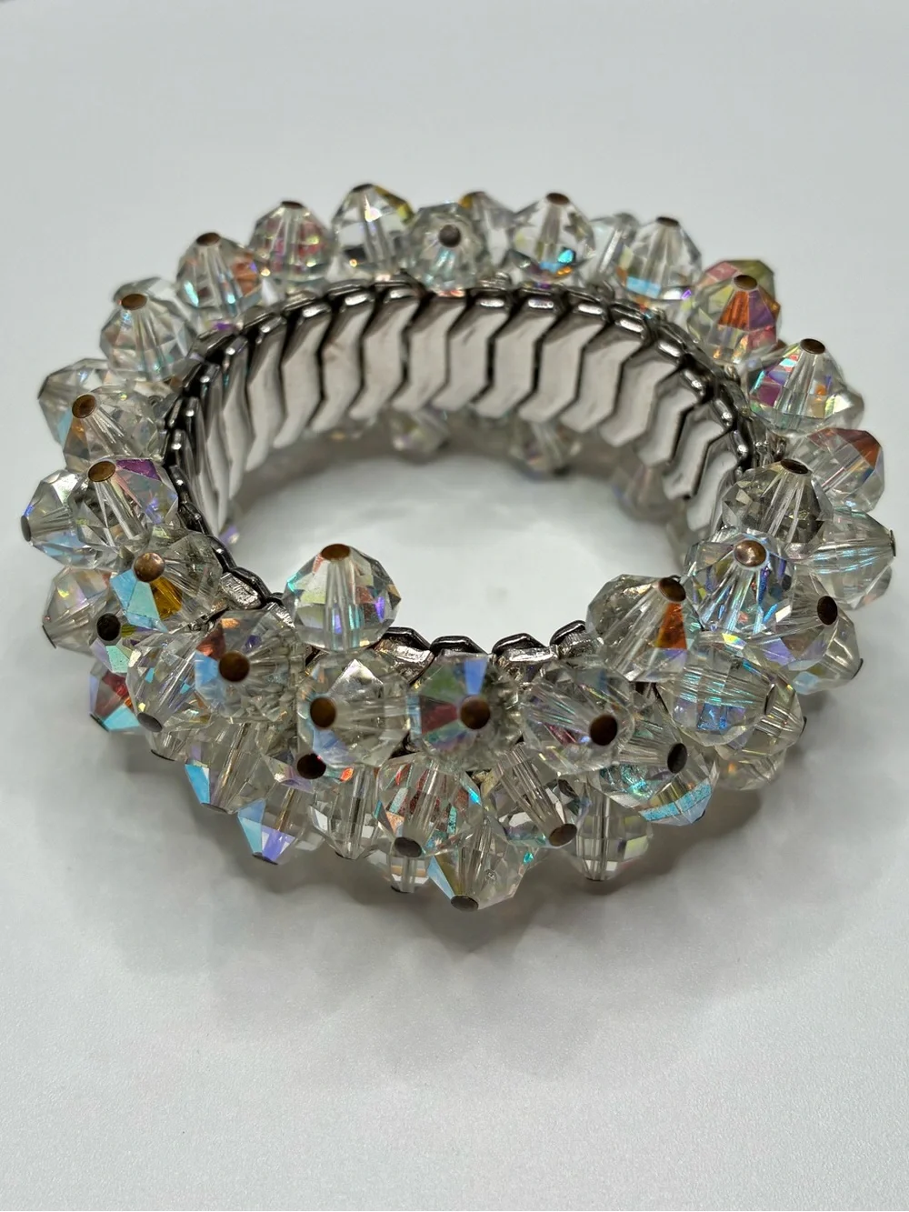 Vintage Chunky Crystal Aurora Bead Stretch Bracelet - Clear Iridescent
